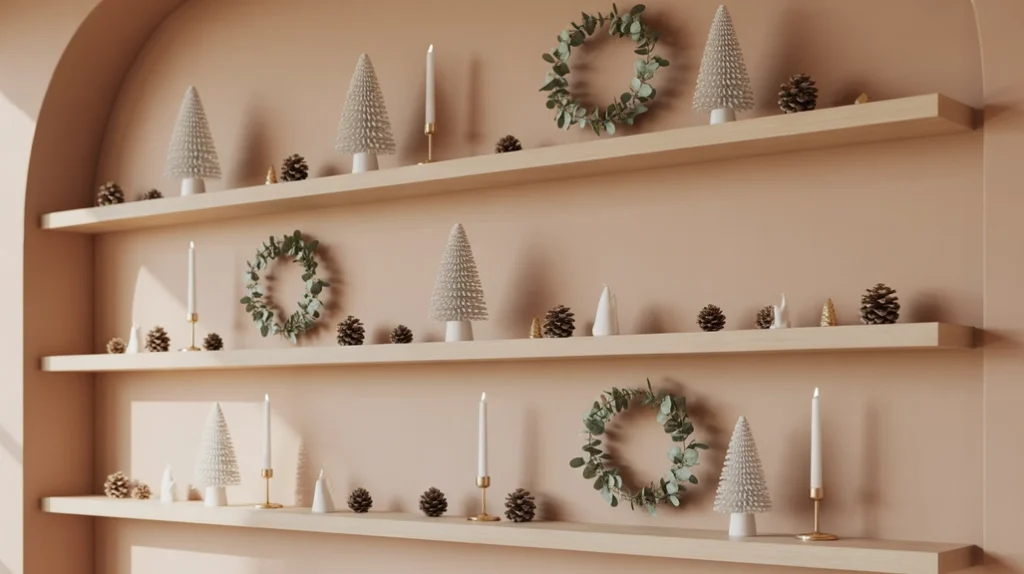 cozy minimalist Christmas living room with warm beige seating and soft lighting
