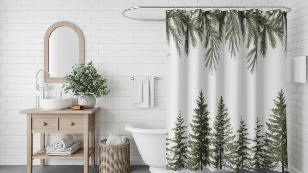Nature-inspired Christmas shower curtain with pine and winter greenery prints for a fresh seasonal look.