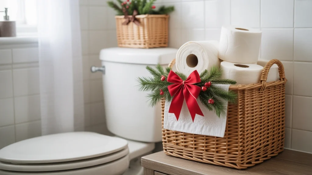 Holiday basket storage with towels and ribbons adding Christmas style to the bathroom.