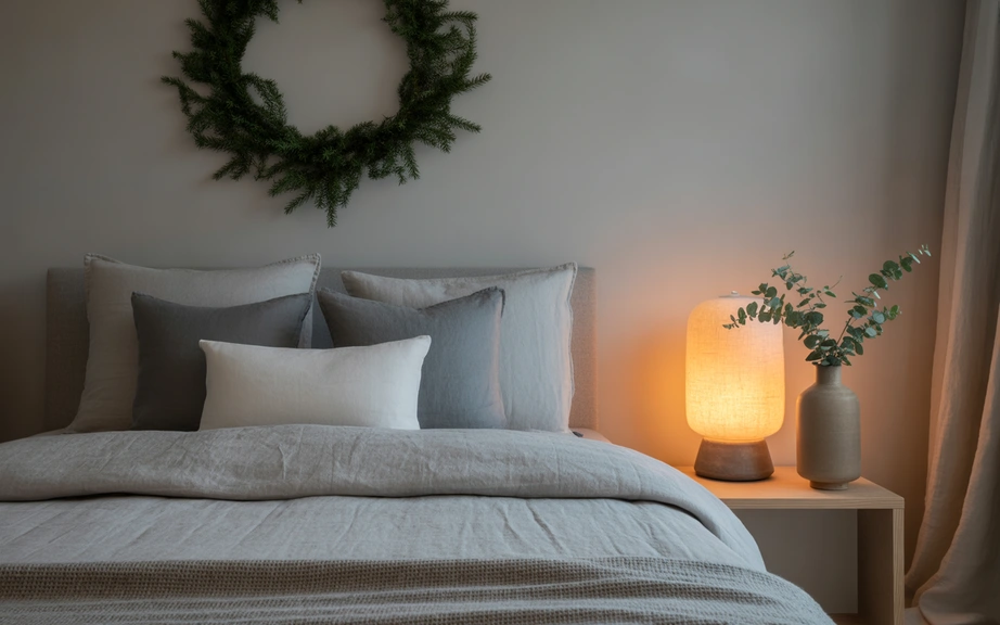 Scandinavian Bedroom with Calm Holiday Accents