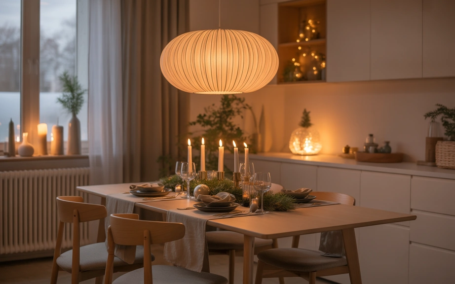 Scandinavian Dining Room with Warm Ambient Lighting