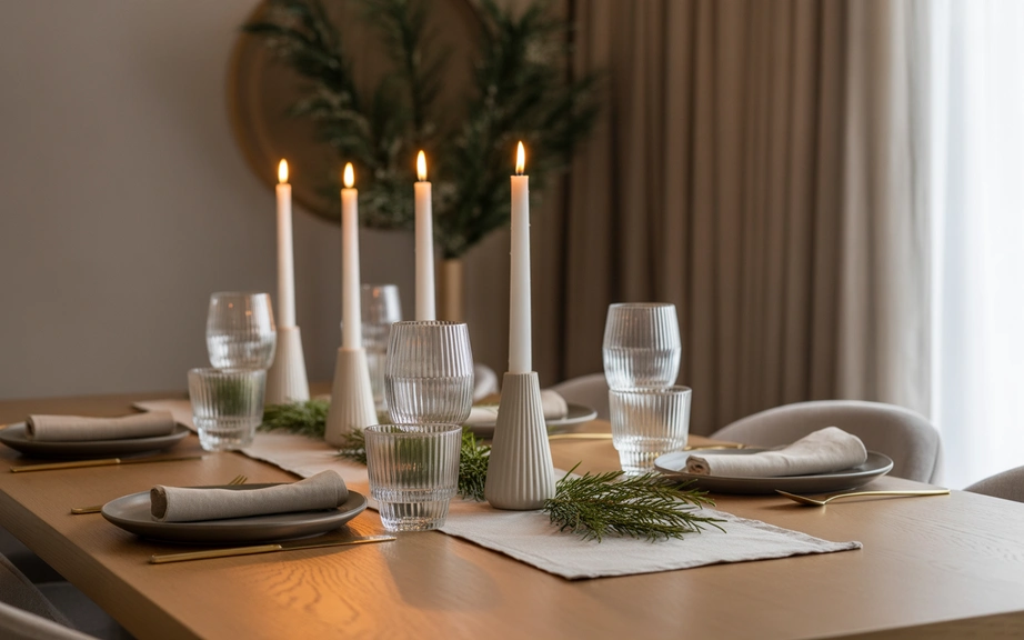 modern christmas dining table with minimal greenery