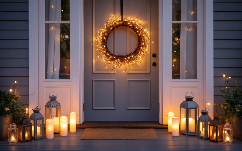 Twinkling Light Wreath with Lantern Clusters