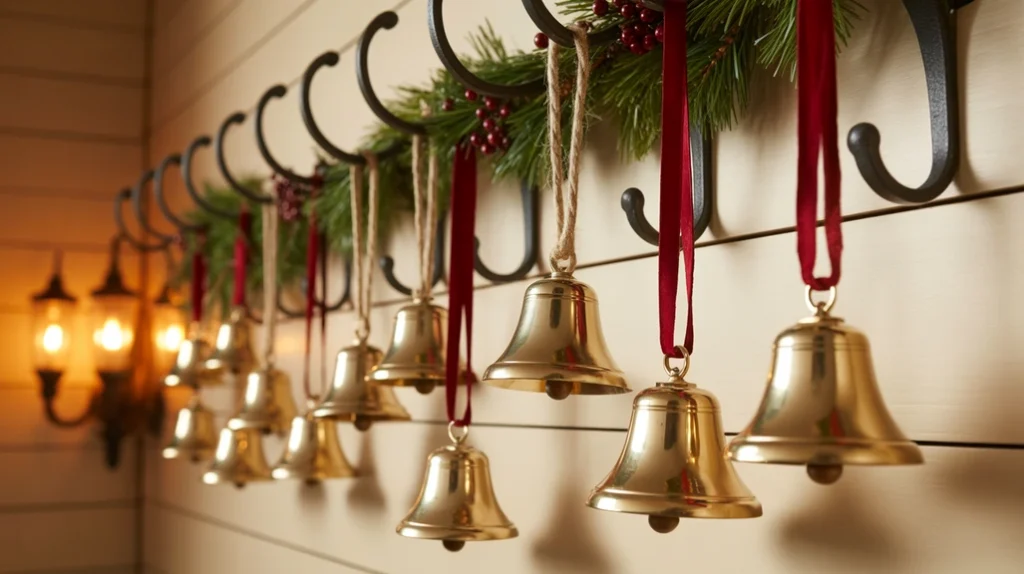 Brass Christmas bells hanging in the hallway for a rustic festive look