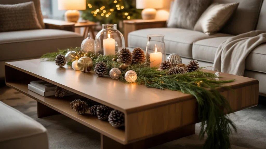 Christmas coffee table centerpiece with candles, pinecones, and ornaments for elegant decor