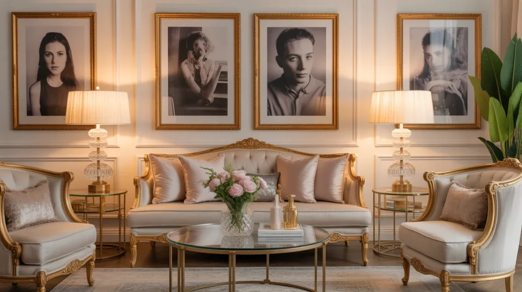 “Gold and crystal details highlight glamorous interior accents.”