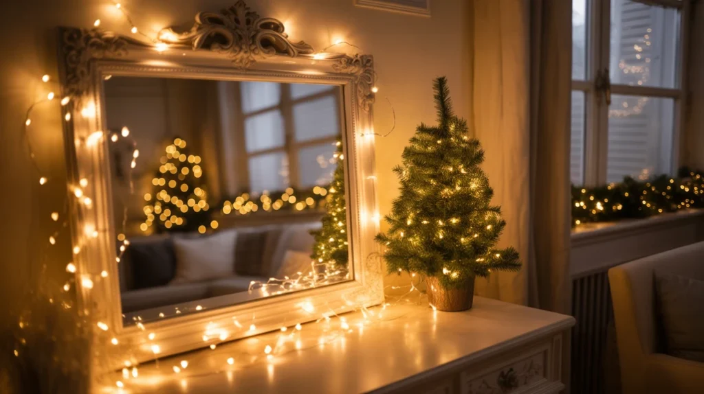 Mirror framed with fairy lights reflecting cozy Christmas lighting and decor