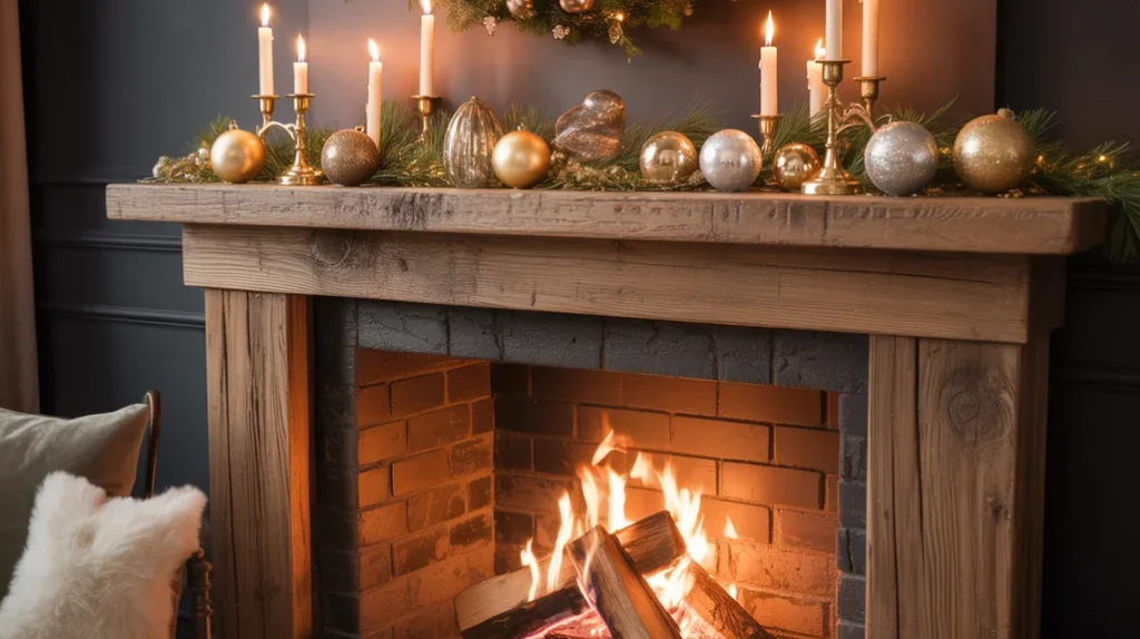 Rustic luxe Christmas mantel with reclaimed wood, gold candleholders, and elegant cozy fireplace design