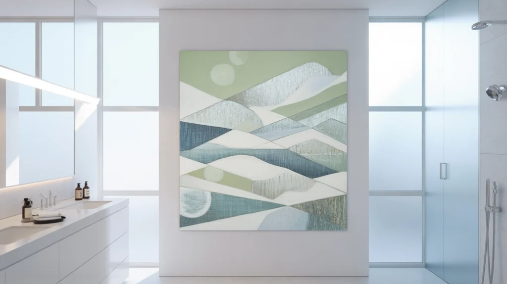 abstract winter artwork giving subtle holiday charm to a modern bathroom wall