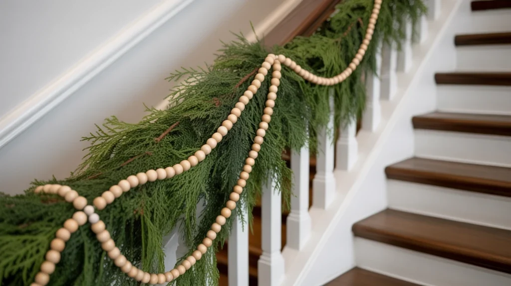 “Wooden and metallic bead garlands layered through Christmas staircase greenery”
