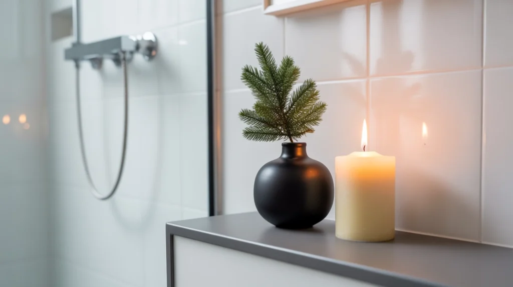 toilet area styled with black vase, white candle, and minimal christmas accents