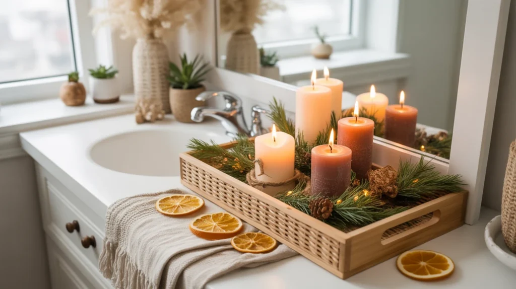 small boho christmas vanity vignette with candles, greenery, and natural materials