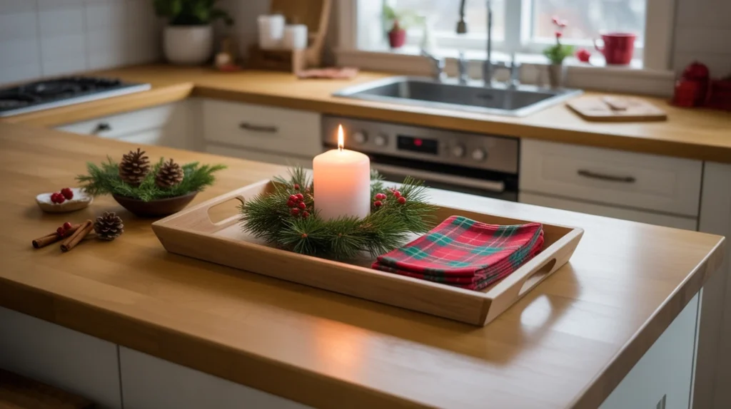 simple christmas tray on breakfast bar with candle, napkins, and small greenery accents