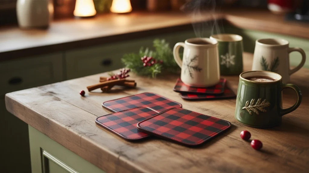 Buffalo plaid coasters on a kitchen counter styled with holiday mugs and rustic accents