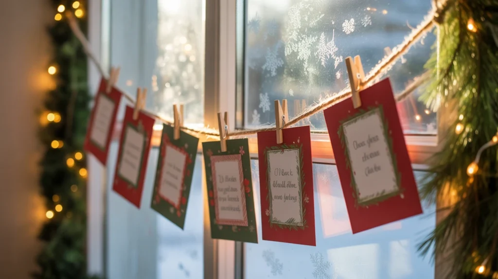 Christmas cards hanging across window with twine and clips, creative holiday display idea.