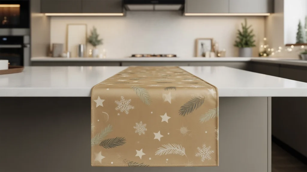 Slim Christmas counter runner with subtle holiday prints in a small apartment kitchen