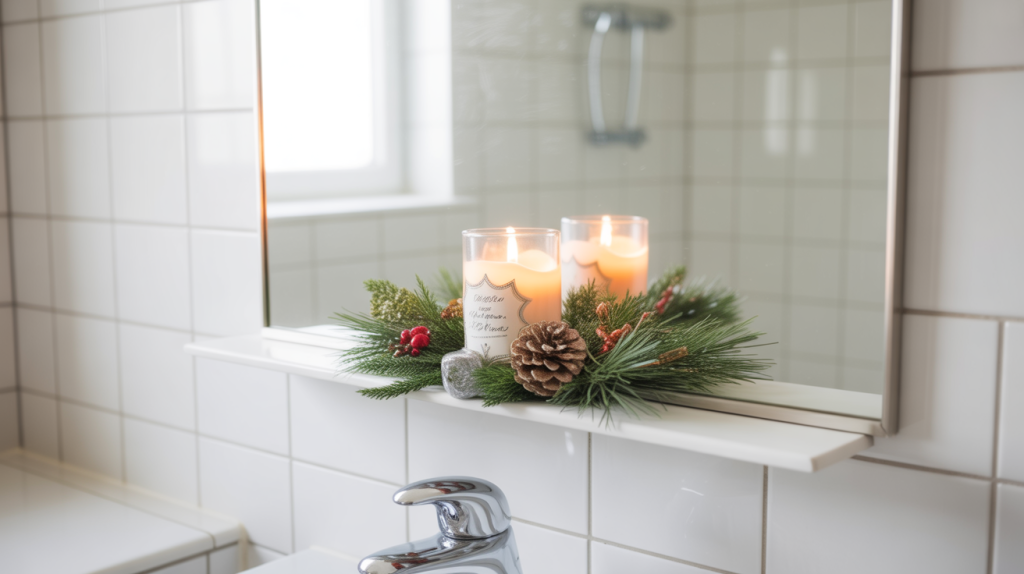small shelf under bathroom mirror styled with candle and greenery for Christmas