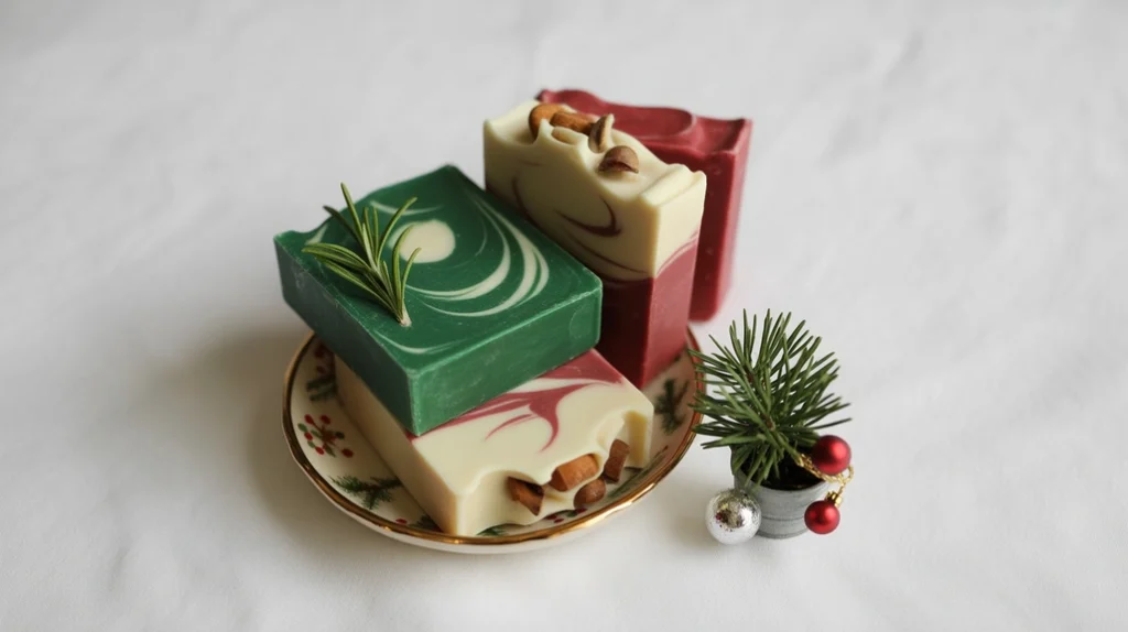 Christmas-themed soap bars displayed in a small bathroom for festive countertop décor.
