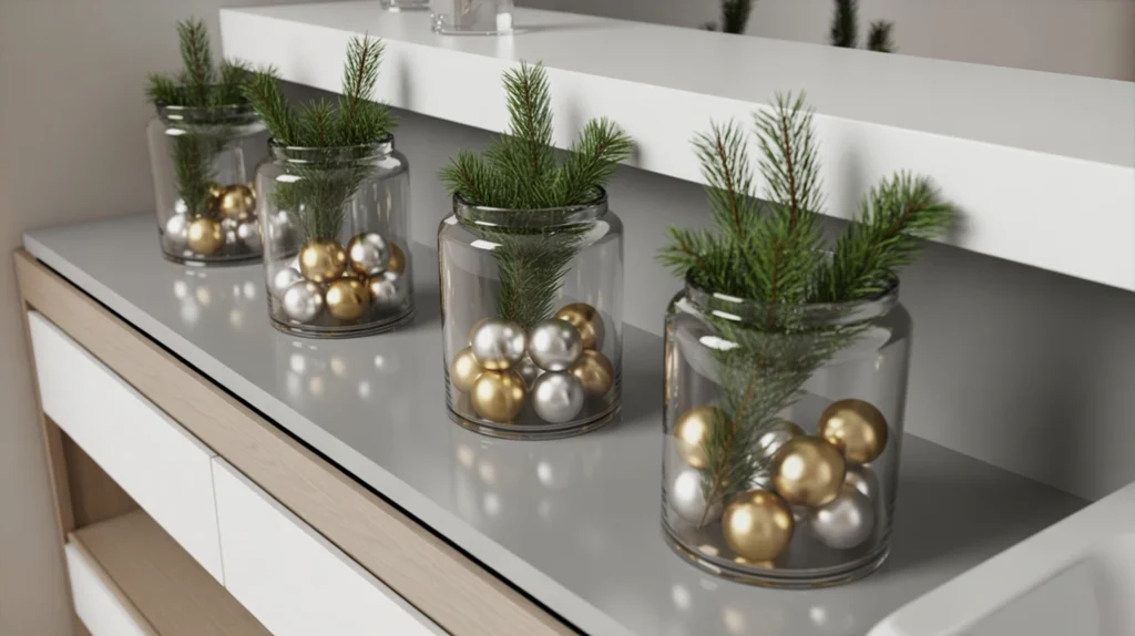 Clear jars filled with ornaments, pine sprigs, and candy canes as Christmas bathroom decor