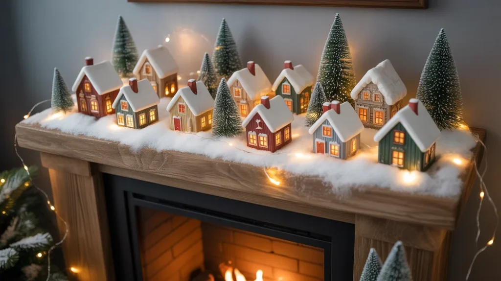 Burlap ribbons and jute bows for rustic Christmas fireplace styling