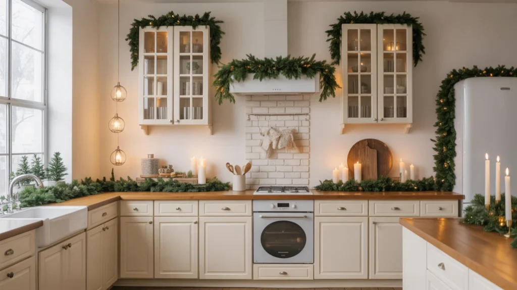 Kitchen styled with matching greenery and lights on cabinets and counters for balanced Christmas decoration
