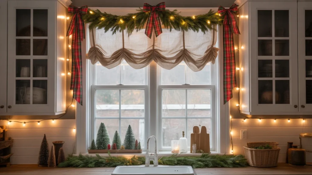 Kitchen window decorated with linen curtains, plaid ribbons, and greenery garland for warm layered Christmas kitchen decor.