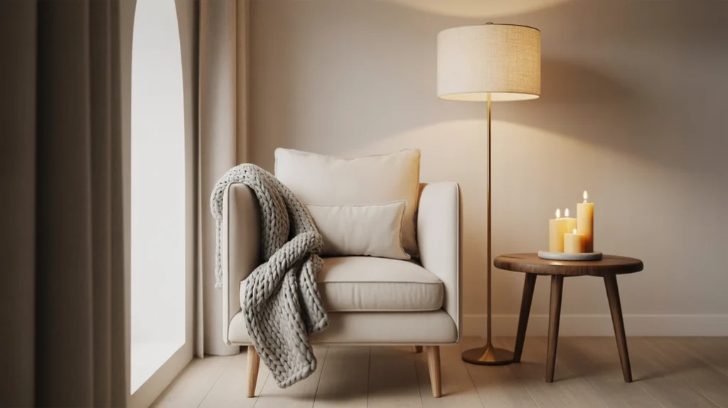 Scandinavian reading nook with blanket, lamp, and candle creating cozy hygge-inspired corner