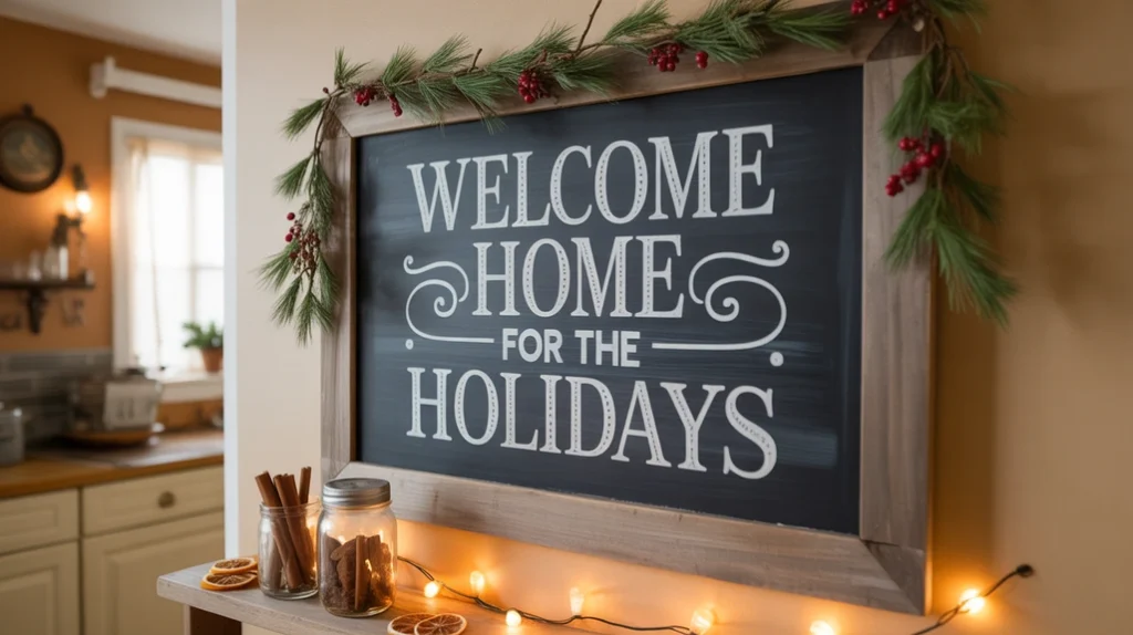 DIY chalkboard sign with holiday messages for cheerful and budget-friendly kitchen decor