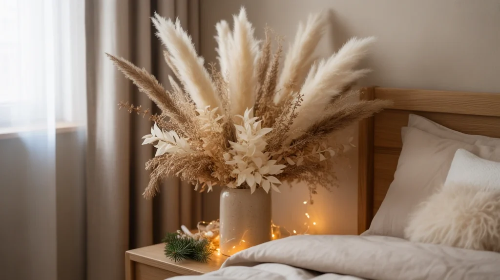 pampas grass and dried floral arrangements adding soft natural texture to neutral Christmas decor