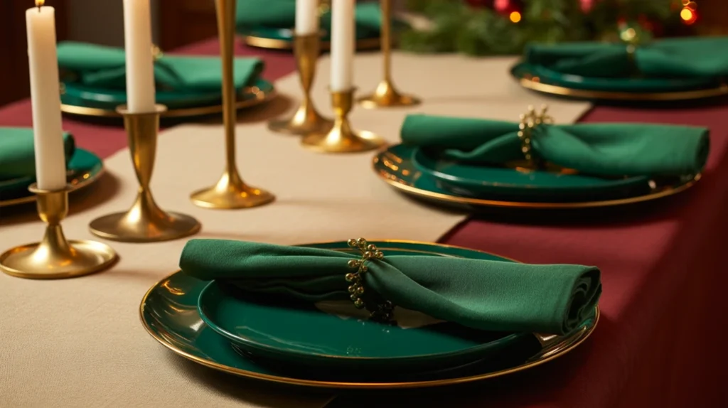 Emerald and gold Christmas tablescape featuring gold plates, candles, and festive napkins for a cohesive decor theme.