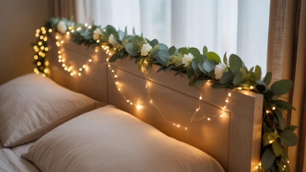 Garland with fairy lights adding layered sparkle to bedroom holiday lighting