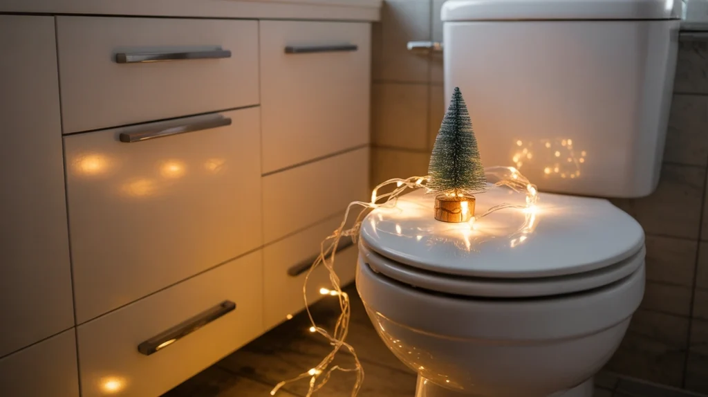 battery fairy lights around christmas accents on toilet tank creating warm festive glow