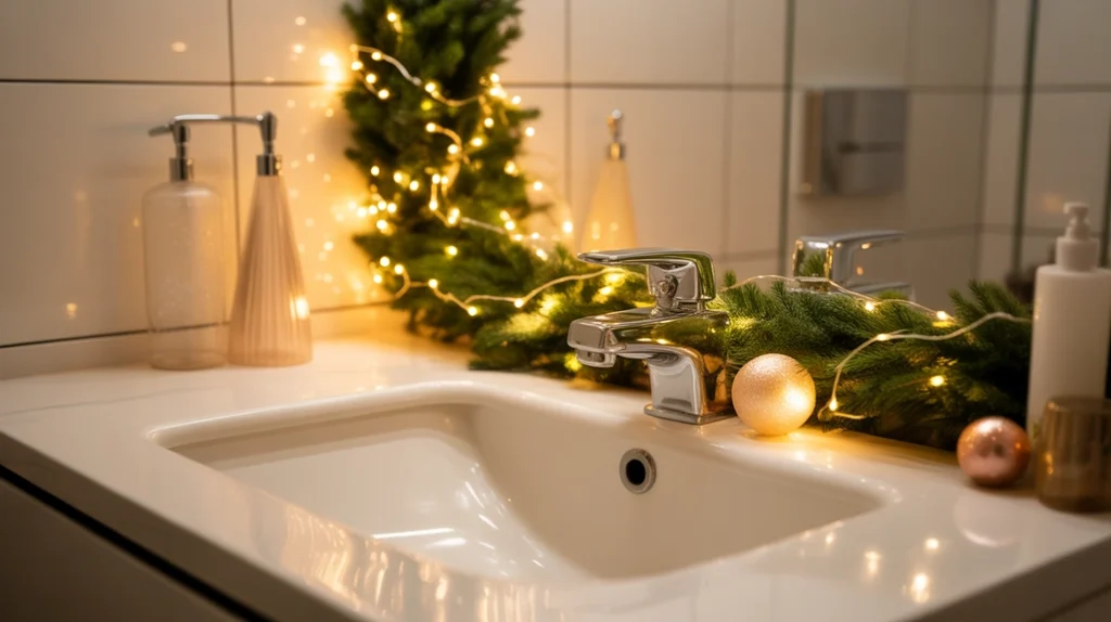 warm-white fairy lights creating a cozy glow in glam christmas bathroom holiday styling