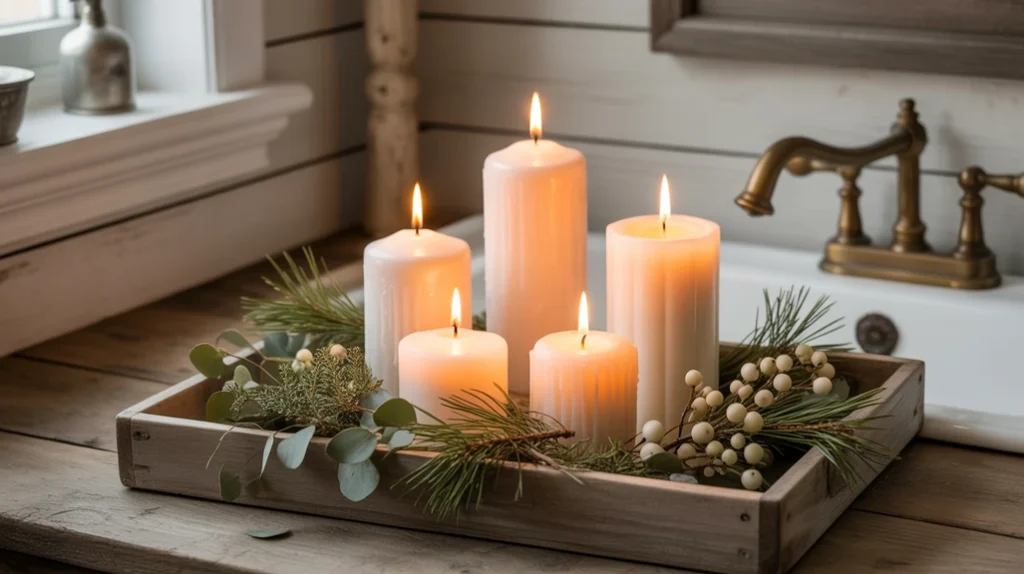 winter-scented farmhouse candles creating cozy rustic christmas ambiance