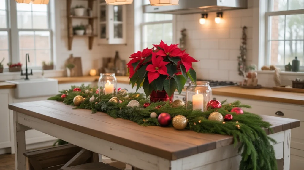 Christmas kitchen island decorated with red flowers, green garland, and gold candles for holiday cheer.