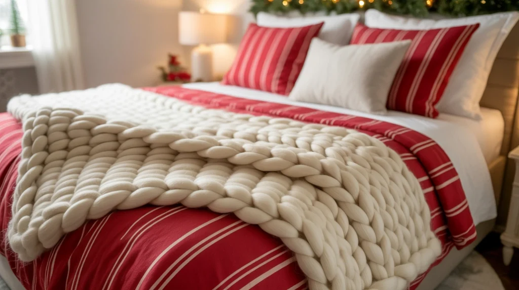 Festive throw blanket at the foot of the bed completing cozy Christmas bedding ideas