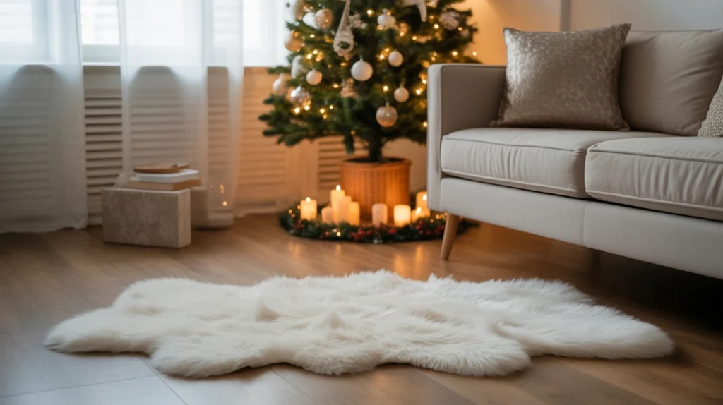 Floating shelves with garlands, candles, and minimal Christmas decor for small apartment living rooms.