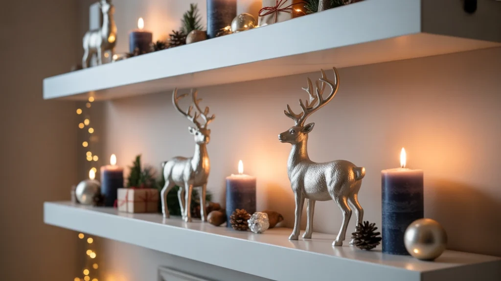 Floating shelves adorned with silver reindeer figurines, blue candles, and festive ornaments for a polished holiday bedroom.
