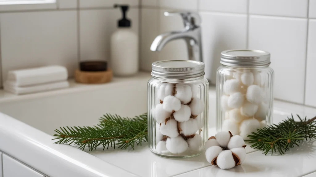 frosted glass jars filled with essentials for a snowy holiday bathroom look