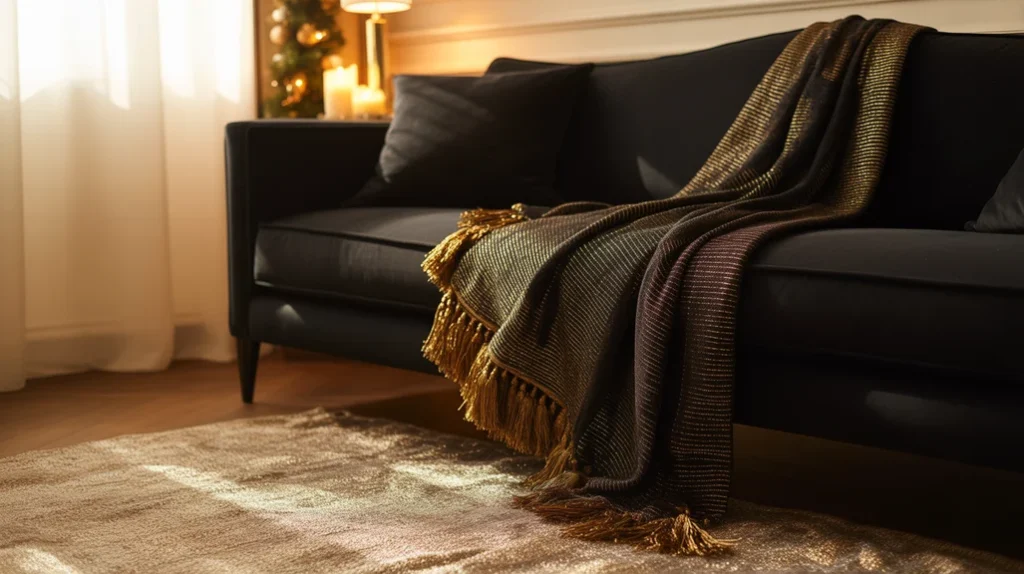 Black sofa with gold-threaded throw and metallic rug adding warmth to Christmas decor.