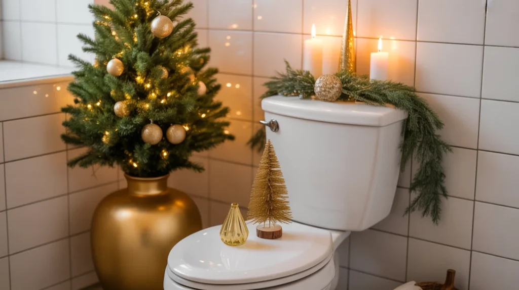 bathroom toilet area styled with gold vase, gold mini tree and holiday greenery