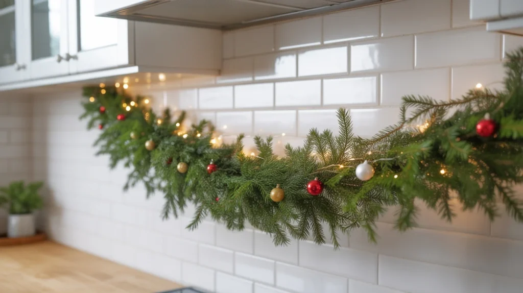Christmas garland of pine branches with small ornaments and lights decorating kitchen backsplash for festive natural decor