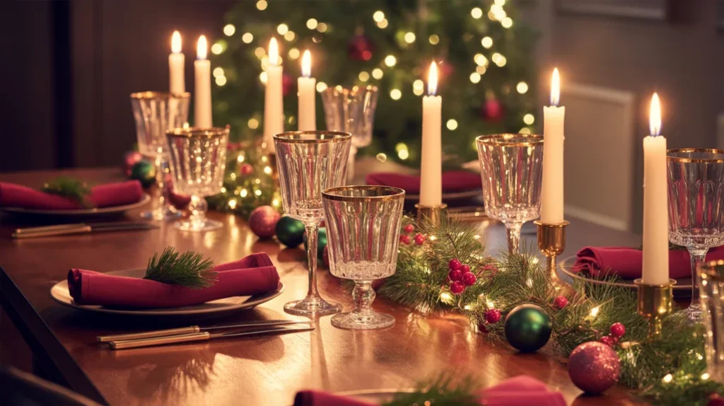 Holiday drinkware and gold-rimmed glasses styled on a Christmas dining table