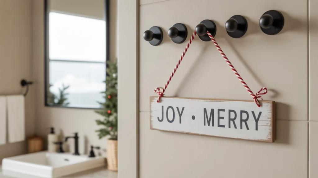 Small “Joy” holiday sign hanging from a towel hook in a bright, tidy bathroom.