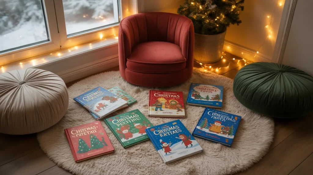 kids holiday reading corner with Christmas storybooks, cushions, and fairy lights