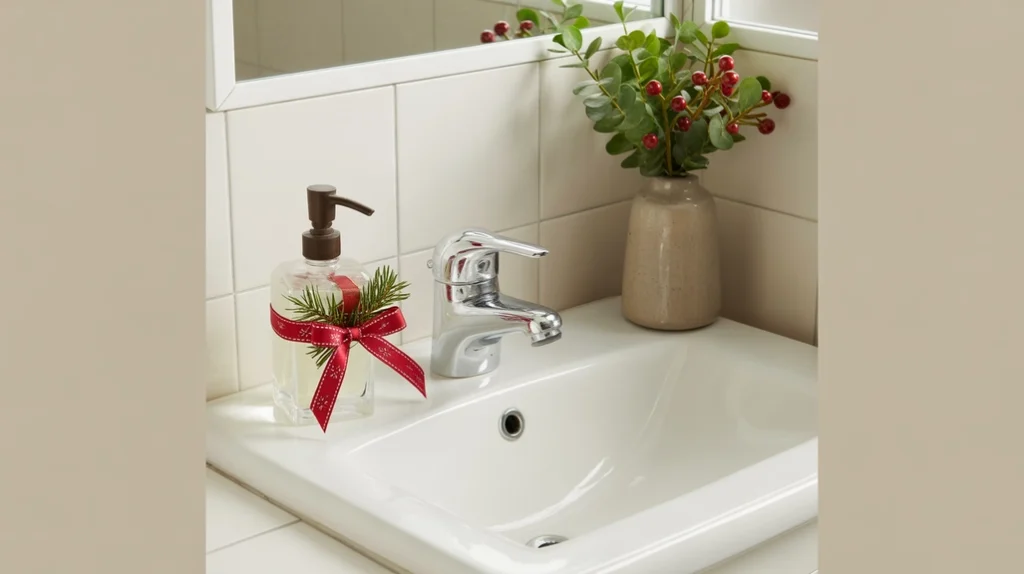 soap dispenser decorated with holiday ribbon on a clean bathroom sink