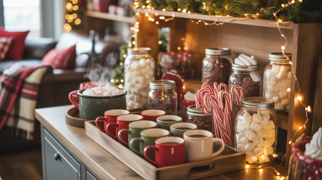 hot cocoa bar with mugs, marshmallows, and Christmas lights