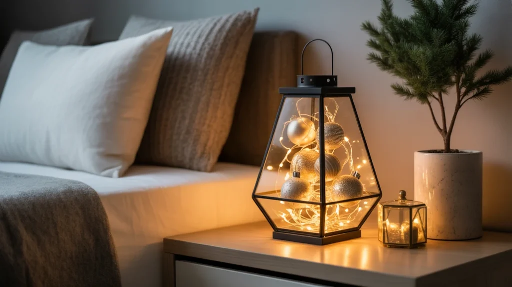 Lantern filled with fairy lights and ornaments as a cozy modern Christmas centerpiece for living room.