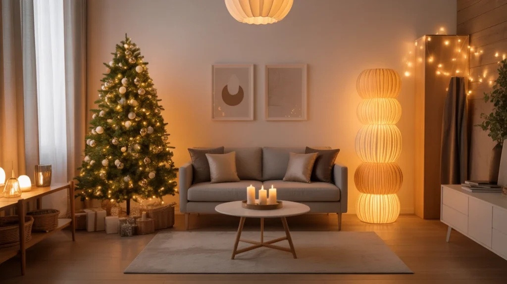 “Scandinavian Christmas living room with layered lighting — fairy lights, floor lamps, and candles creating a warm minimalist glow.”
