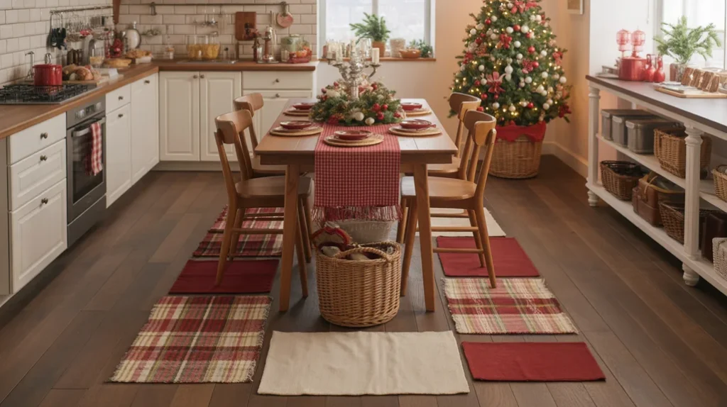 layered plaid rugs adding texture and warmth to a cozy christmas kitchen floor design